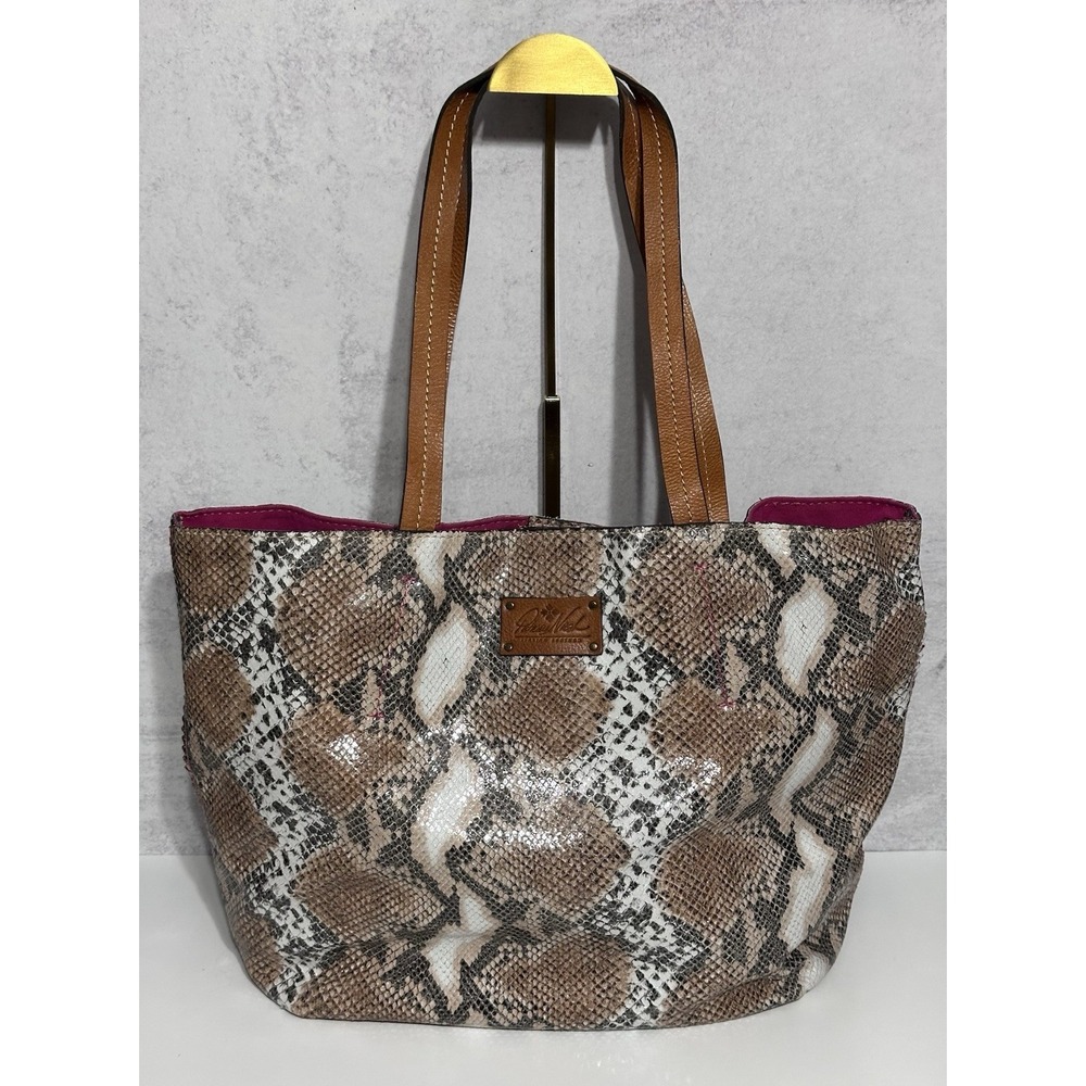 Patricia Nash Shoulder Tote Bag Brown Cracked Italian Leather Python Snakeskin